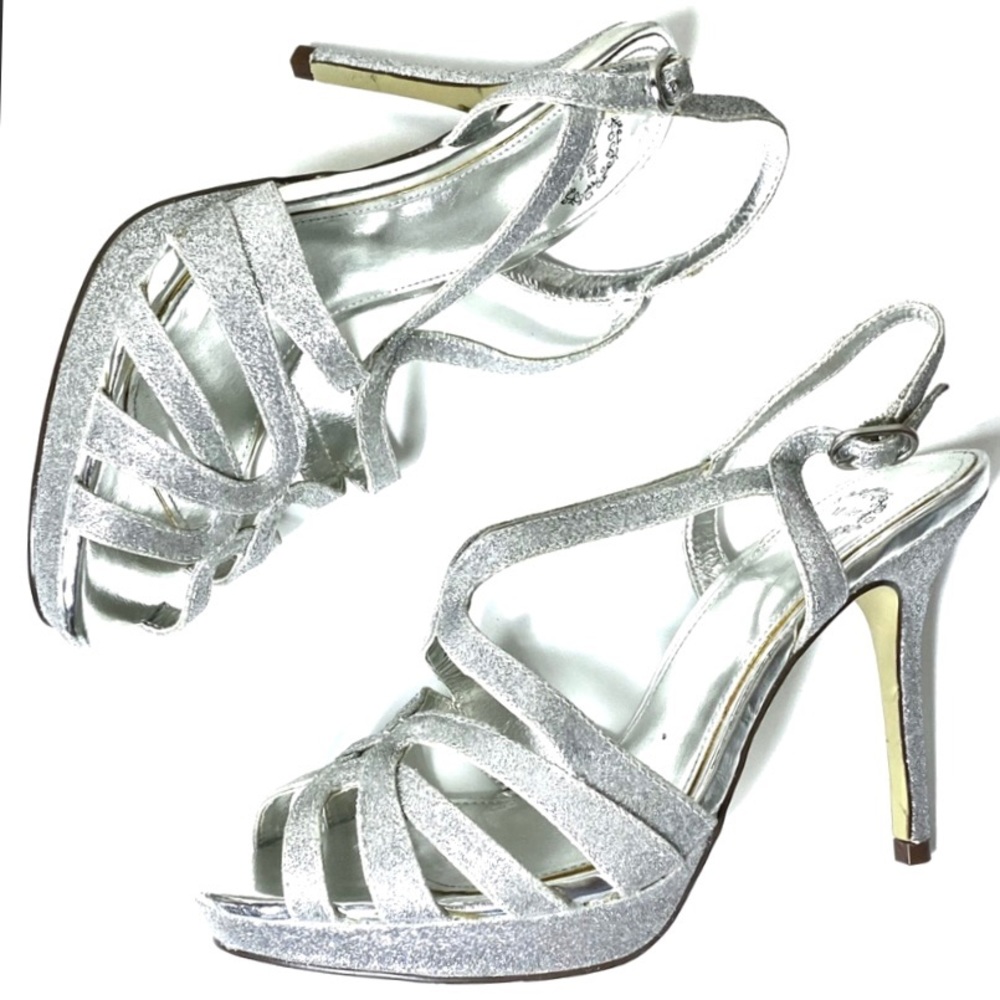 I. Miller Silver Glitter Fatemah Sandal Heels Sparkly Open Toe Strappy Heel 7.5M